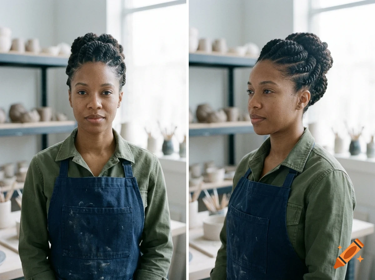 Two-panel portrait of a woman with braided hair and a blue apron in a pottery workshop.