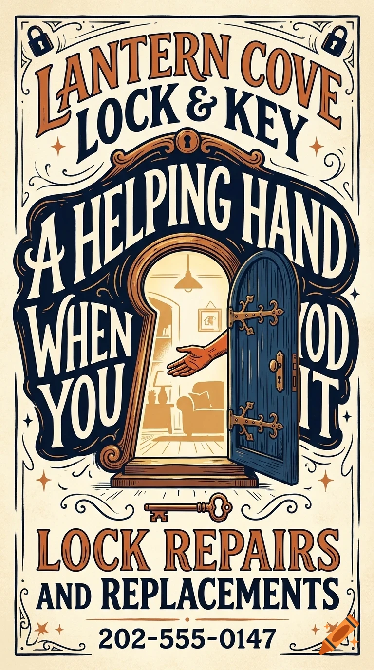 Vintage poster advertising a lock and key service, featuring stylized lettering, a keyhole-shaped door with an outstretched hand, and decorative borders.