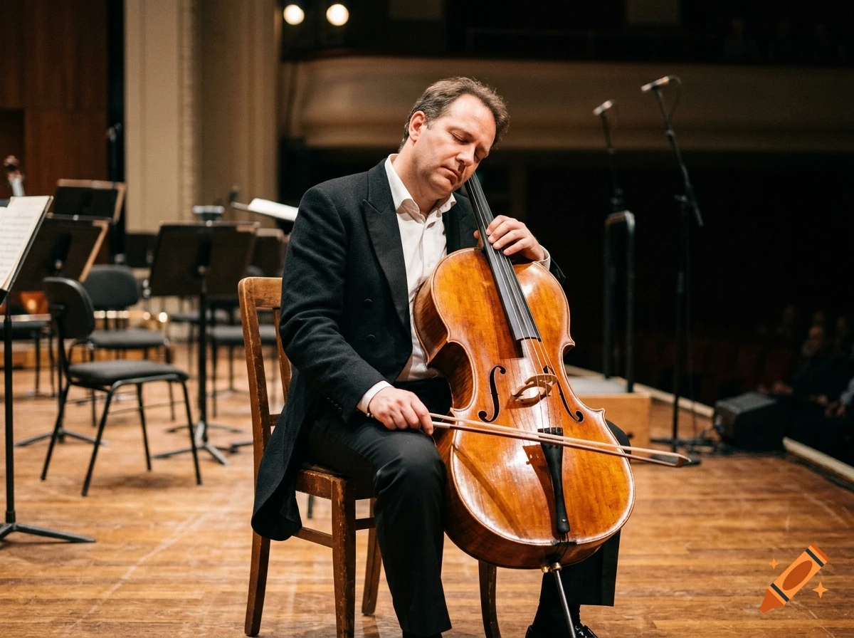 Photorealistic medium shot of a male cellist sitting on a wooden chair, eyes closed as if asleep, holding his cello on a stage.