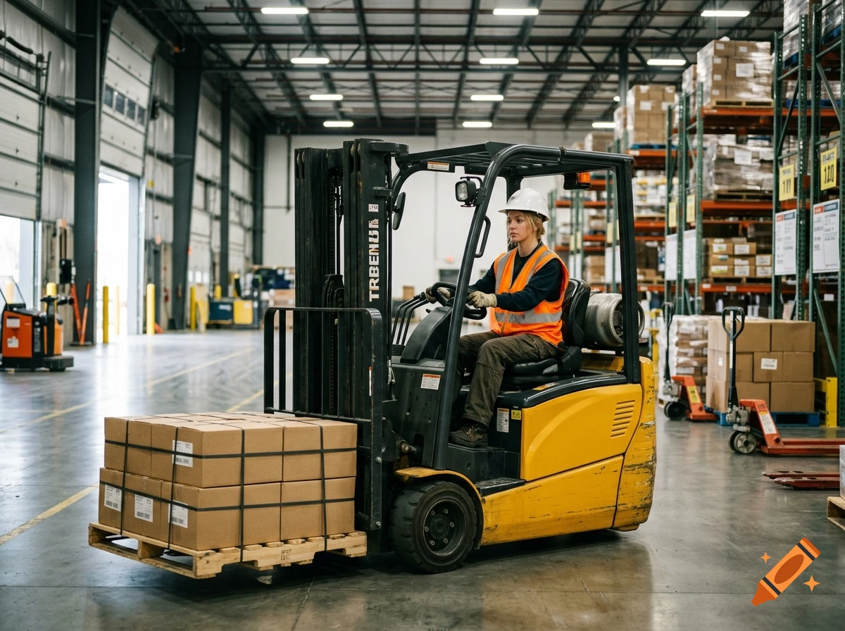 Photorealistic image of a woman driving a yellow forklift in a large warehouse.