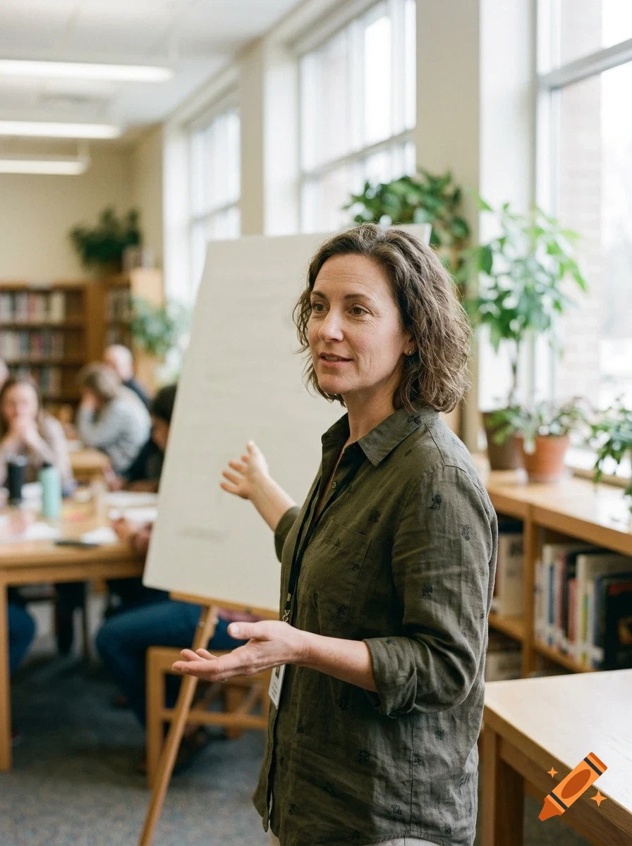 A woman presenting in front of a whiteboard in a room with bookshelves.