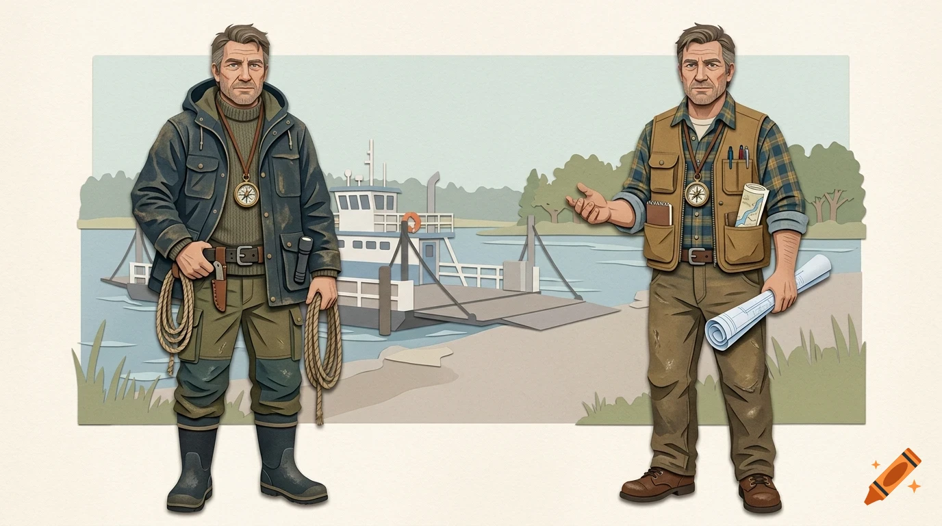 An illustration showing two depictions of a man in outdoor gear standing in front of a ferry docked by a river.