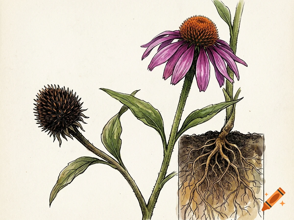 An illustrated botanical drawing of a purple coneflower showing the bloom, stem, leaves, seed head, and root system embedded in soil.
