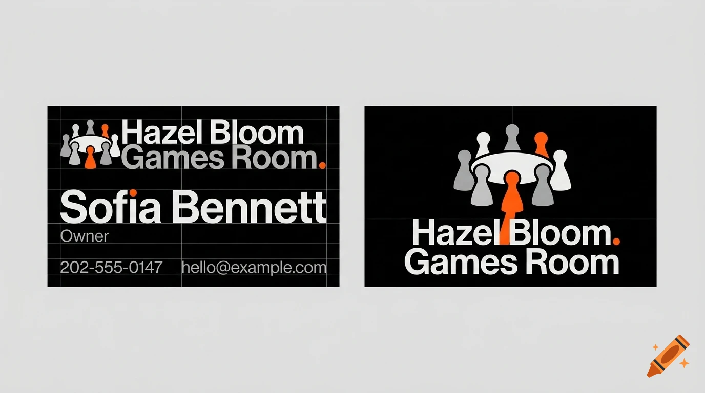 Two business card layout designs with black backgrounds, game piece iconography, and white text for Hazel Bloom Games Room.