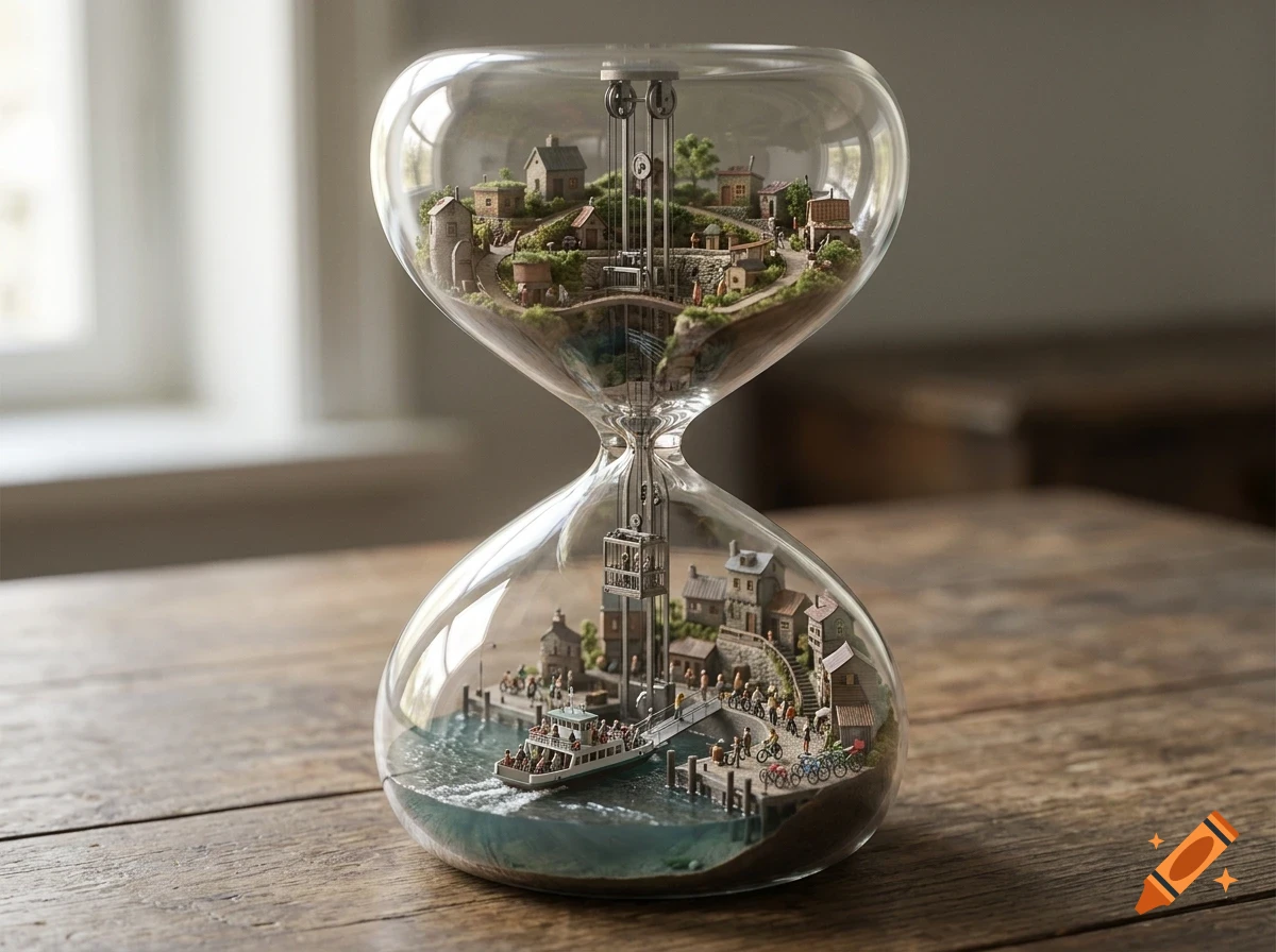 An ornate hourglass containing miniature worlds, with a rural village on top and a harbor scene with a boat at the bottom.