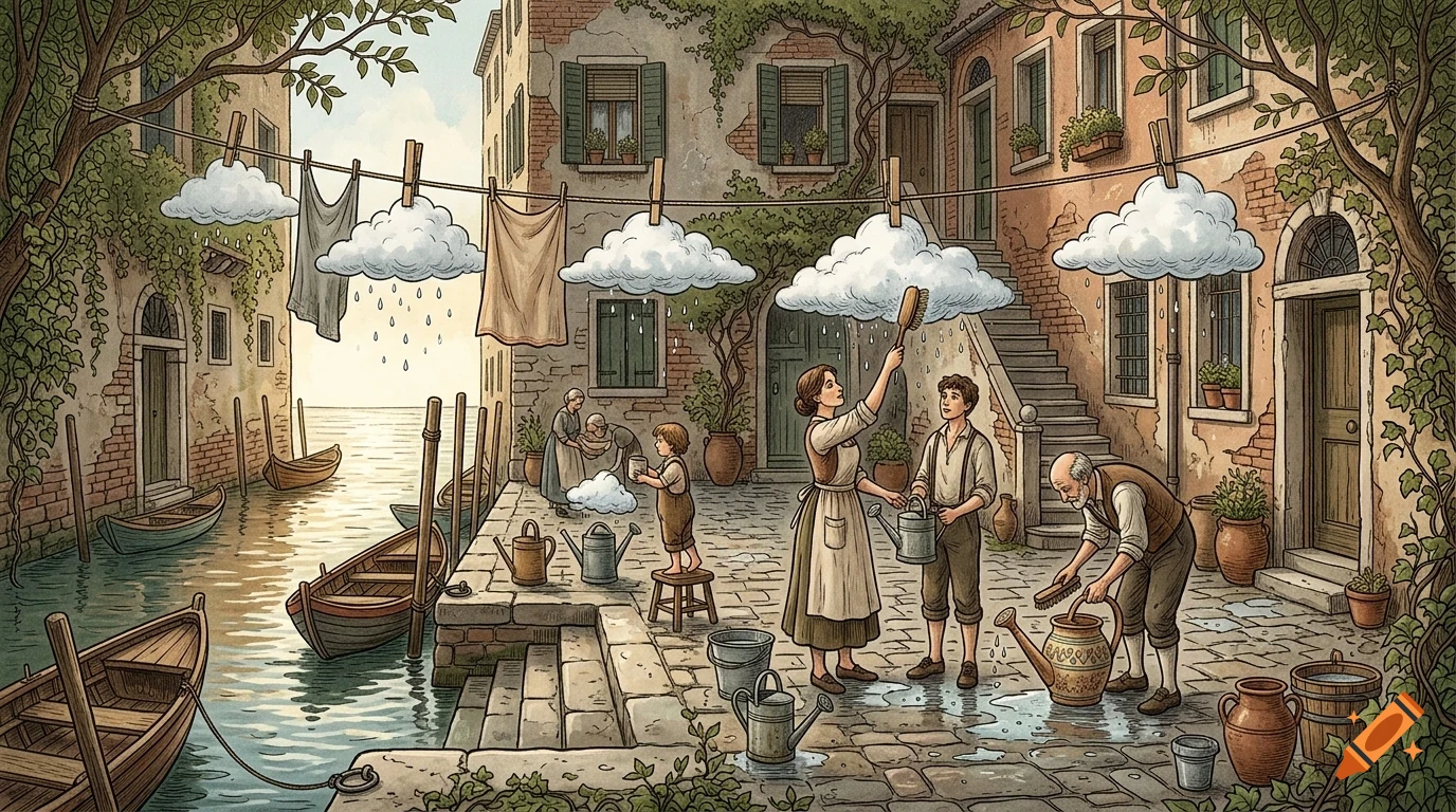 An illustration of people washing and hanging fluffy clouds out to dry on clotheslines in a Mediterranean canal square.