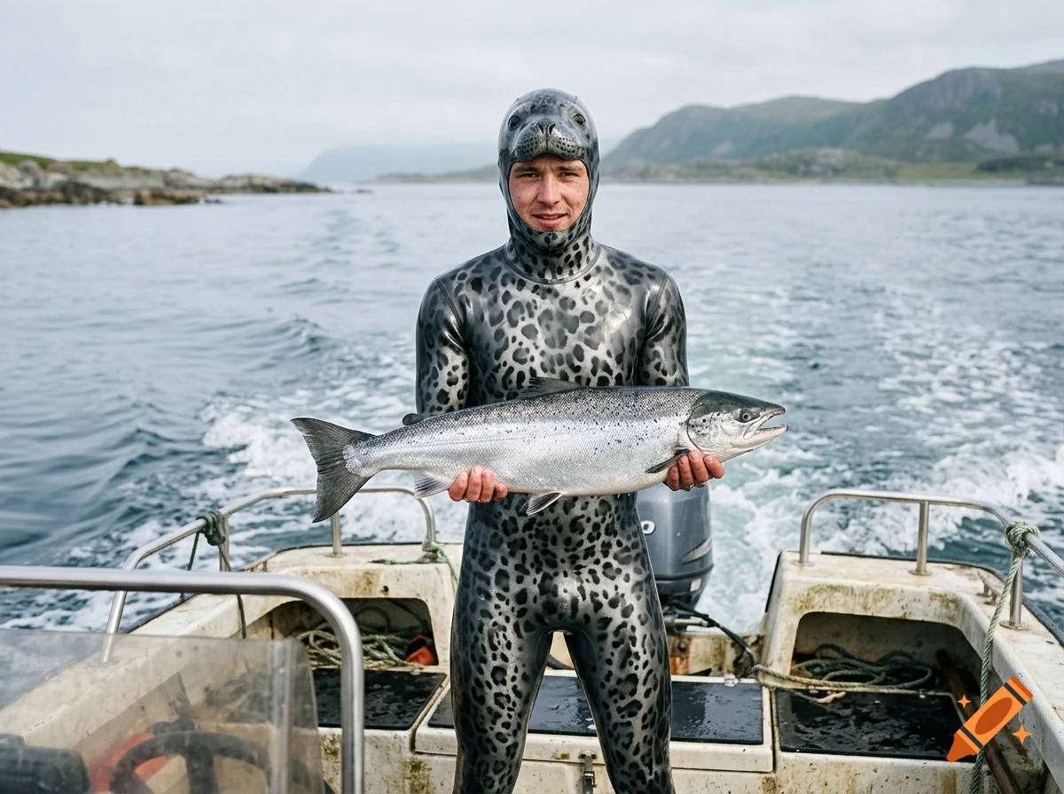 A young man wearing a latex leopard seal suit stands on a boat holding a large silver salmon, with mountains and water in the background.