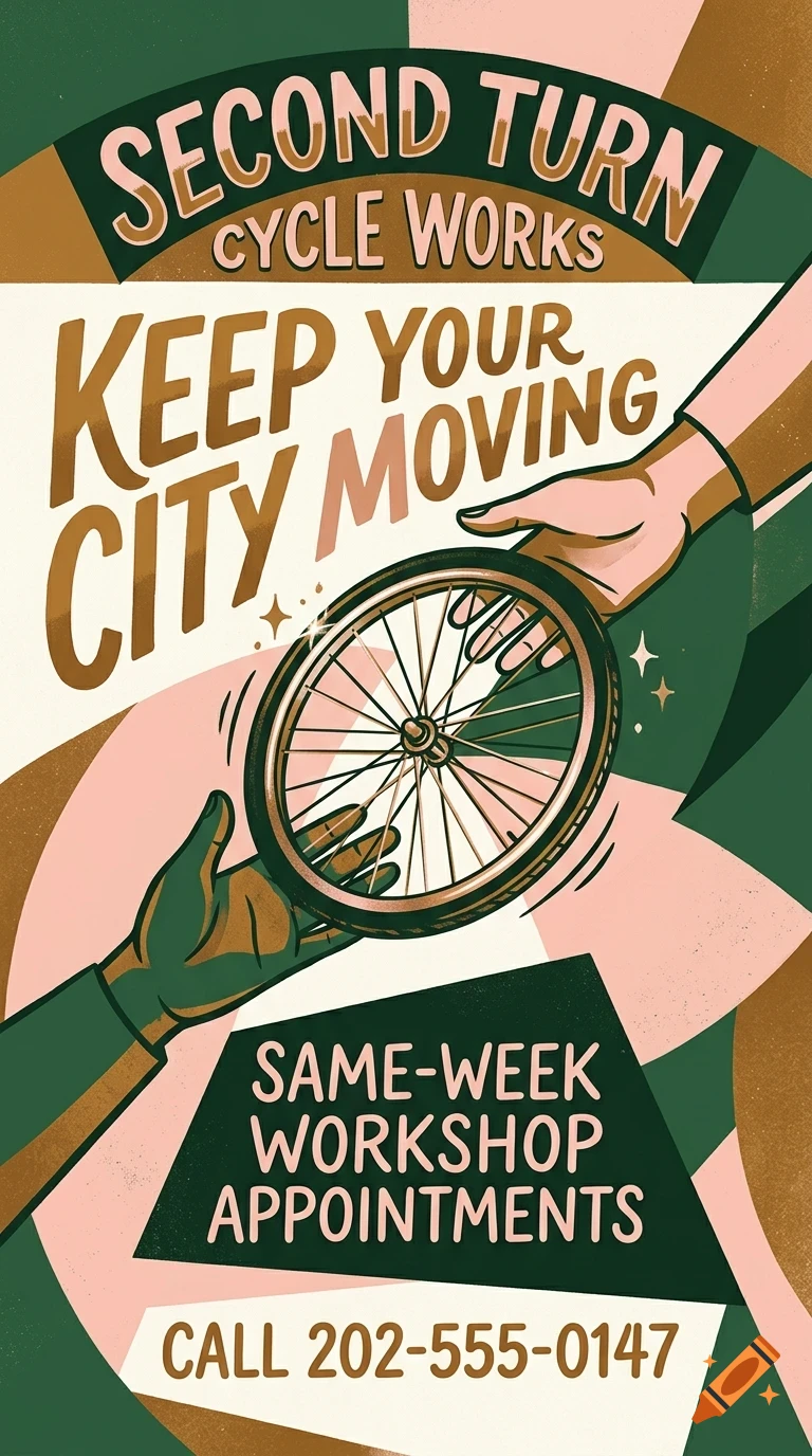 An illustrated poster featuring two hands exchanging a bicycle wheel, with the text Second Turn Cycle Works and Keep Your City Moving.