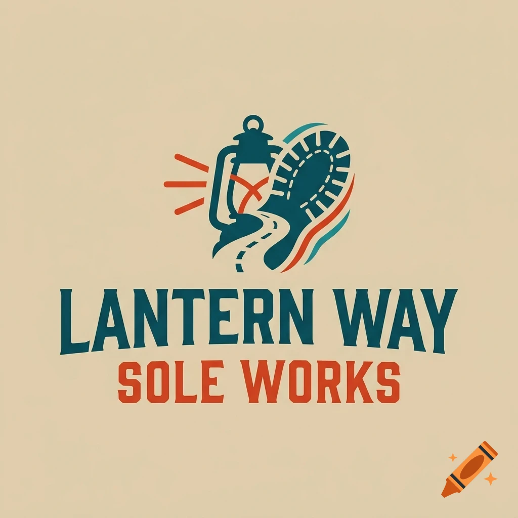 A logo featuring a lantern and a boot print combined with a road, accompanied by the text "LANTERN WAY SOLE WORKS".