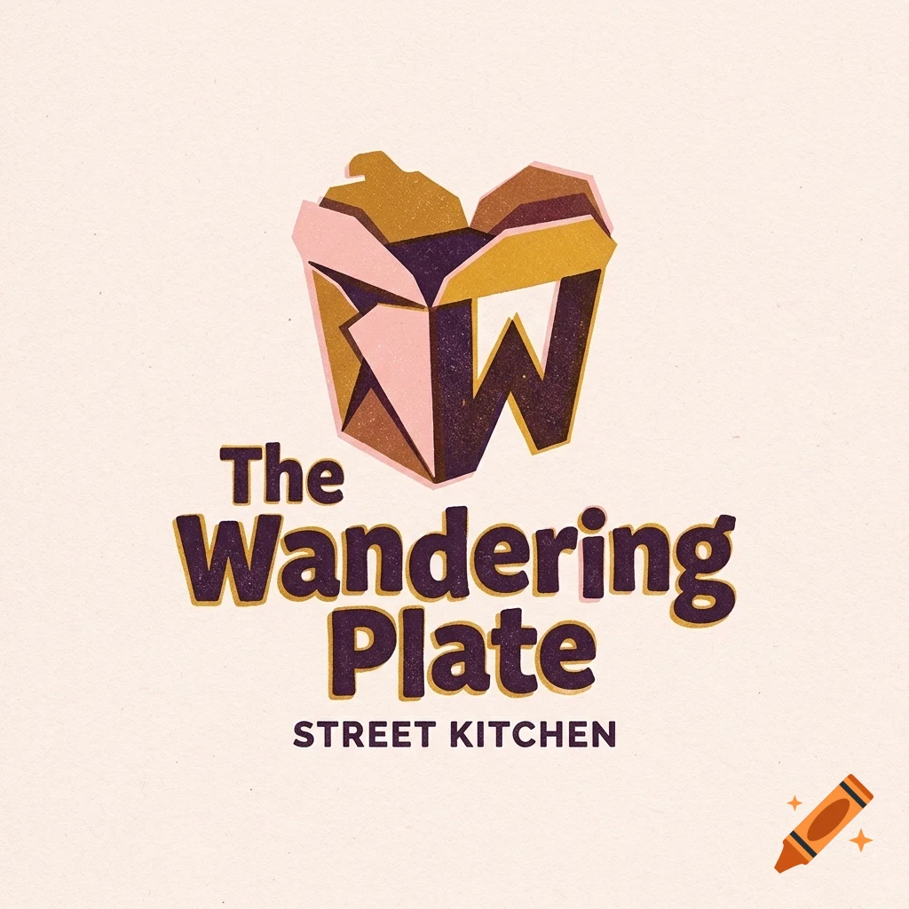 A logo for The Wandering Plate Street Kitchen featuring a takeout box illustration and stylized lettering.