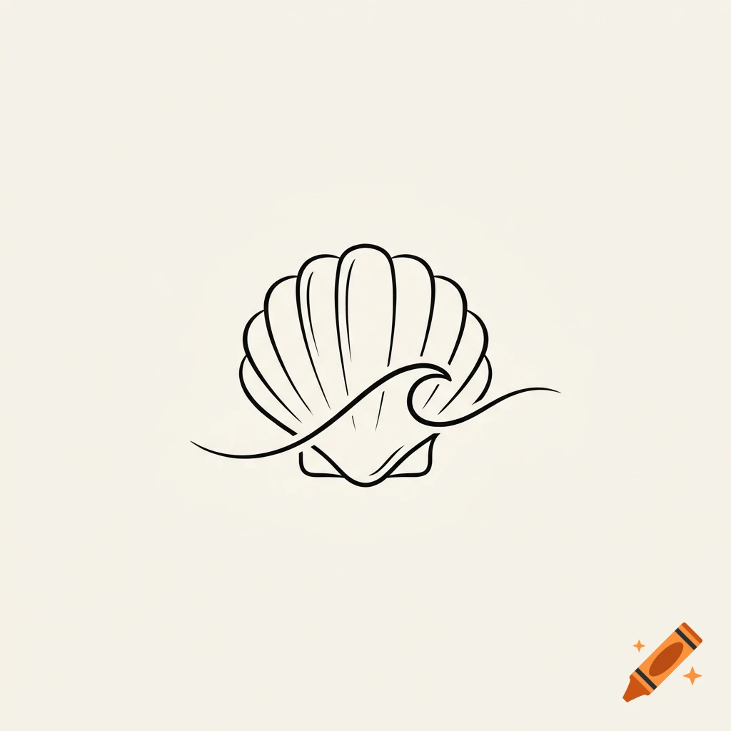 A black line art illustration of a seashell with a wave passing in front of it, on a plain light background.