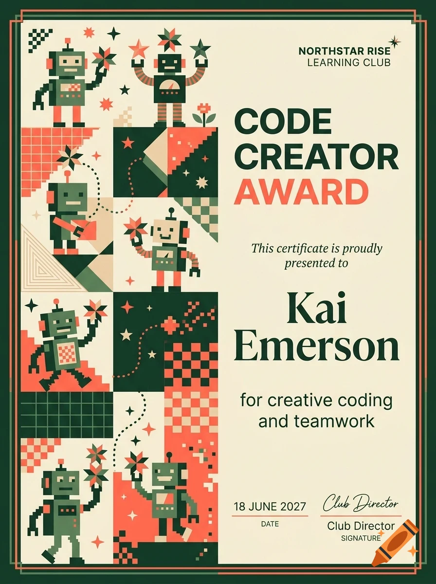 An award certificate from Northstar Rise Learning Club titled Code Creator Award, featuring pixel art robots and geometric patterns.
