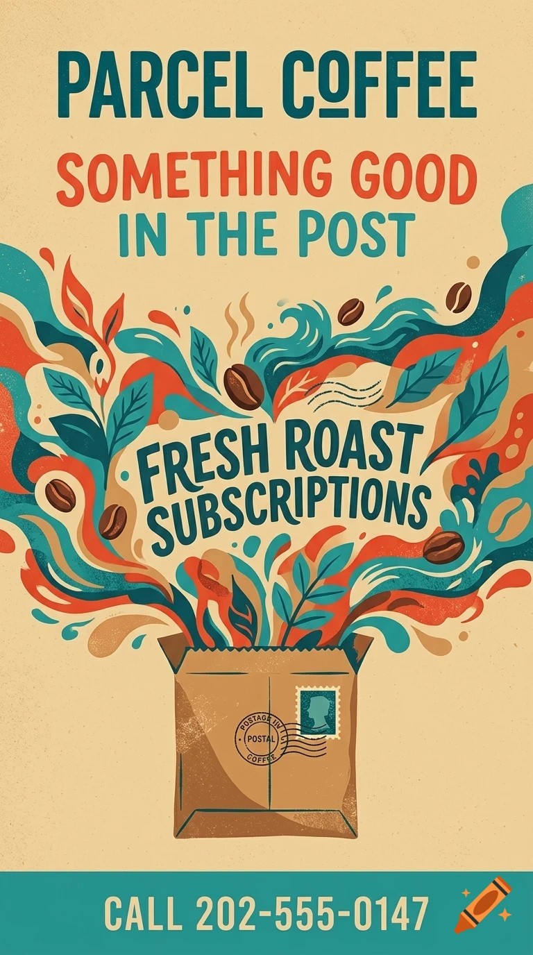 An illustrative poster for Parcel Coffee featuring an open parcel package bursting with coffee beans, leaves, and abstract waves, with text overlays.