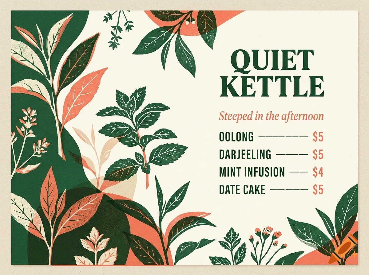 An illustrated menu for Quiet Kettle featuring tea prices and botanical illustrations of leaves and plants in green and coral tones.