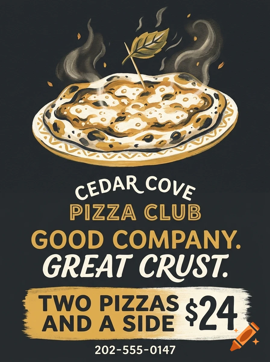 An illustrated poster advertising Cedar Cove Pizza Club with a steaming pizza on a decorated plate, accompanied by text.