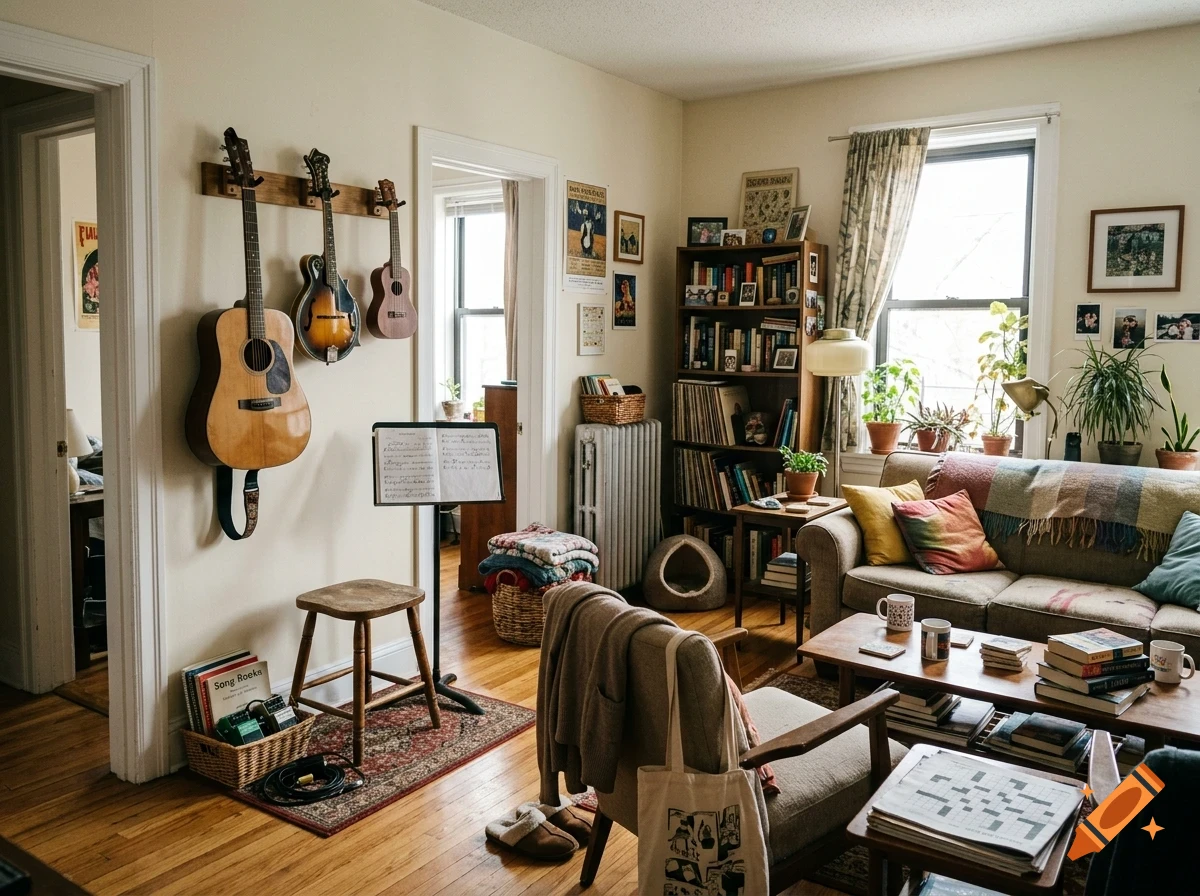 A cozy living room interior with guitars hanging on the wall, a bookshelf, a sofa, a music stand, and various home decor.