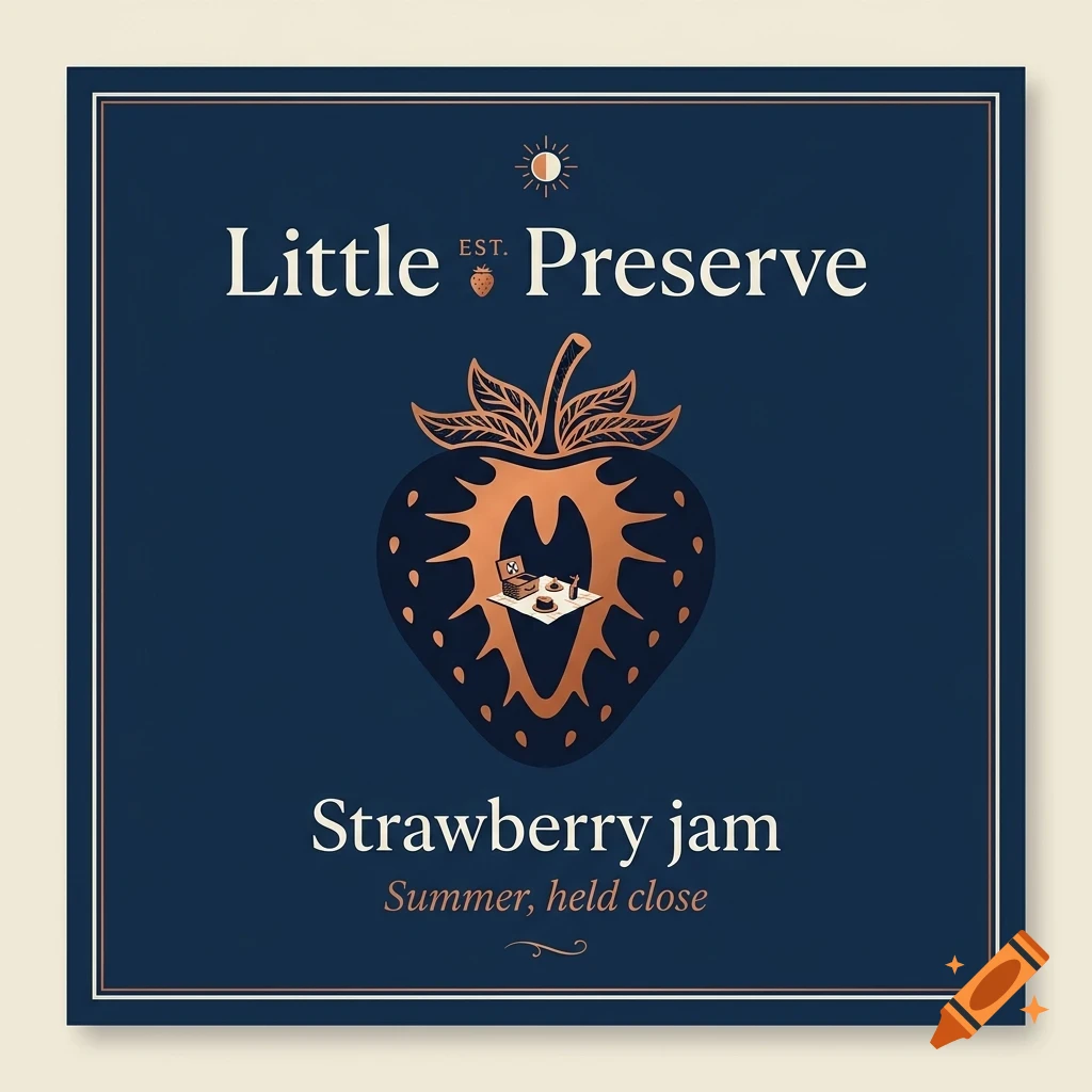 A dark blue square label design with the text 'Little Preserve' and a stylized copper strawberry graphic featuring a tiny picnic scene inside.