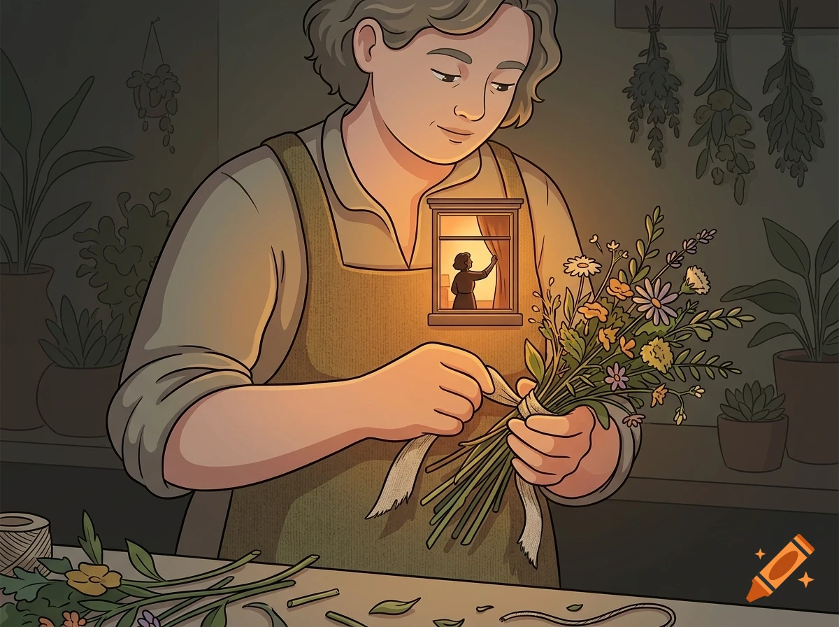 An illustrated woman in an apron tying a bouquet of flowers in a dimly lit room with potted plants and hanging herbs.