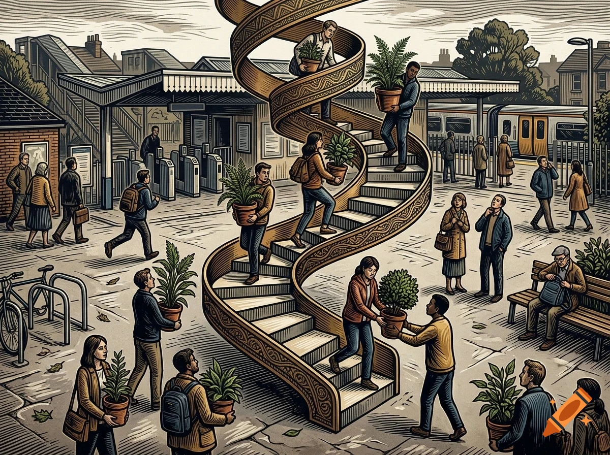 An illustrated busy train station platform with many people walking around and several carrying potted plants near a large spiral staircase.