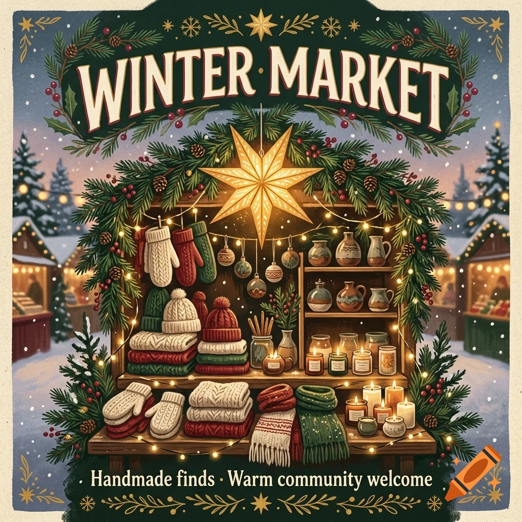 An illustrated winter market stall decorated with pine branches, fairy lights, and a hanging glowing star, displaying handmade knitted items, pottery, and candles with the text WINTER MARKET above.