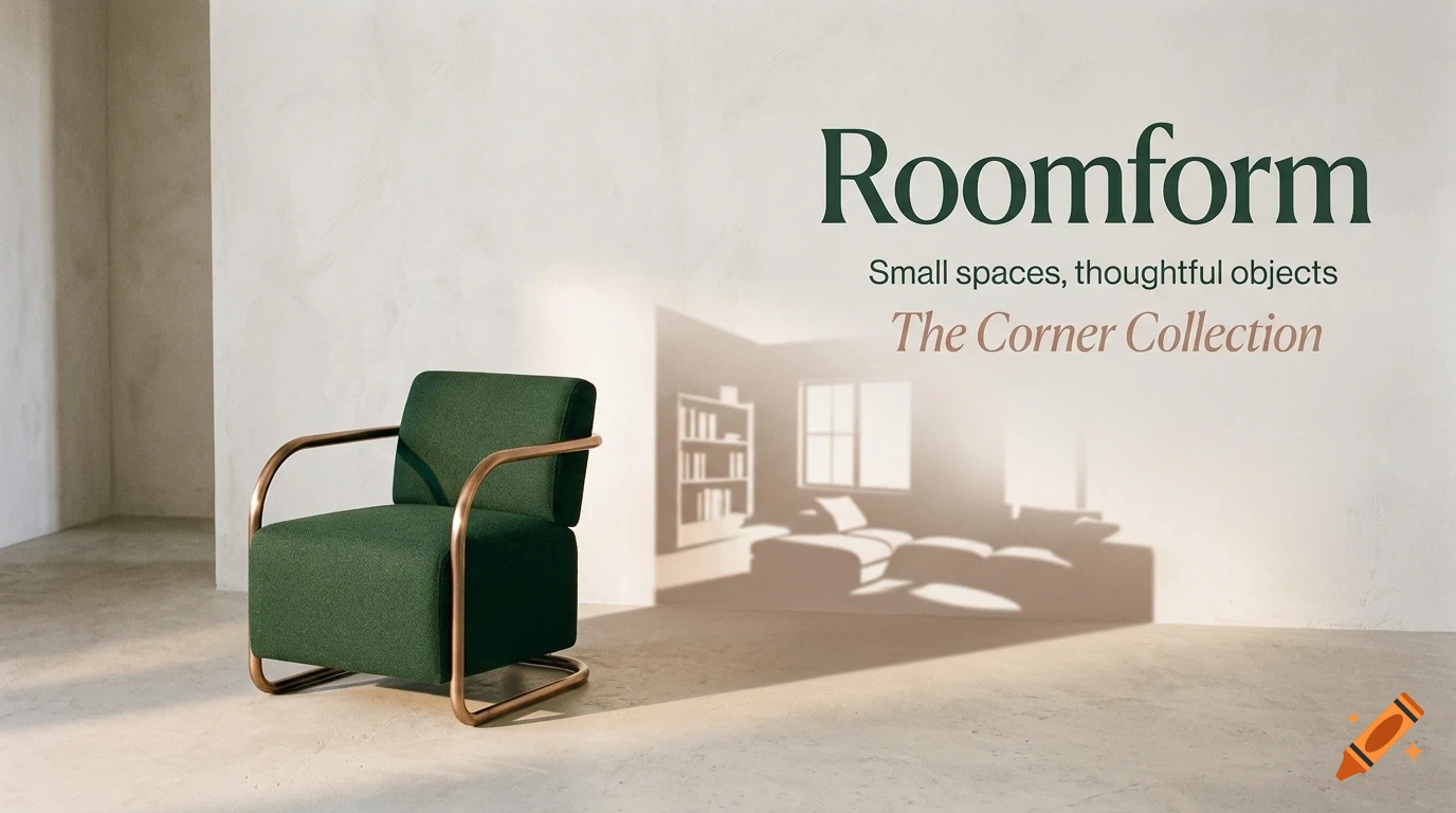 A green armchair with a metal frame sits in a minimal room, with text and a window shadow on the wall.