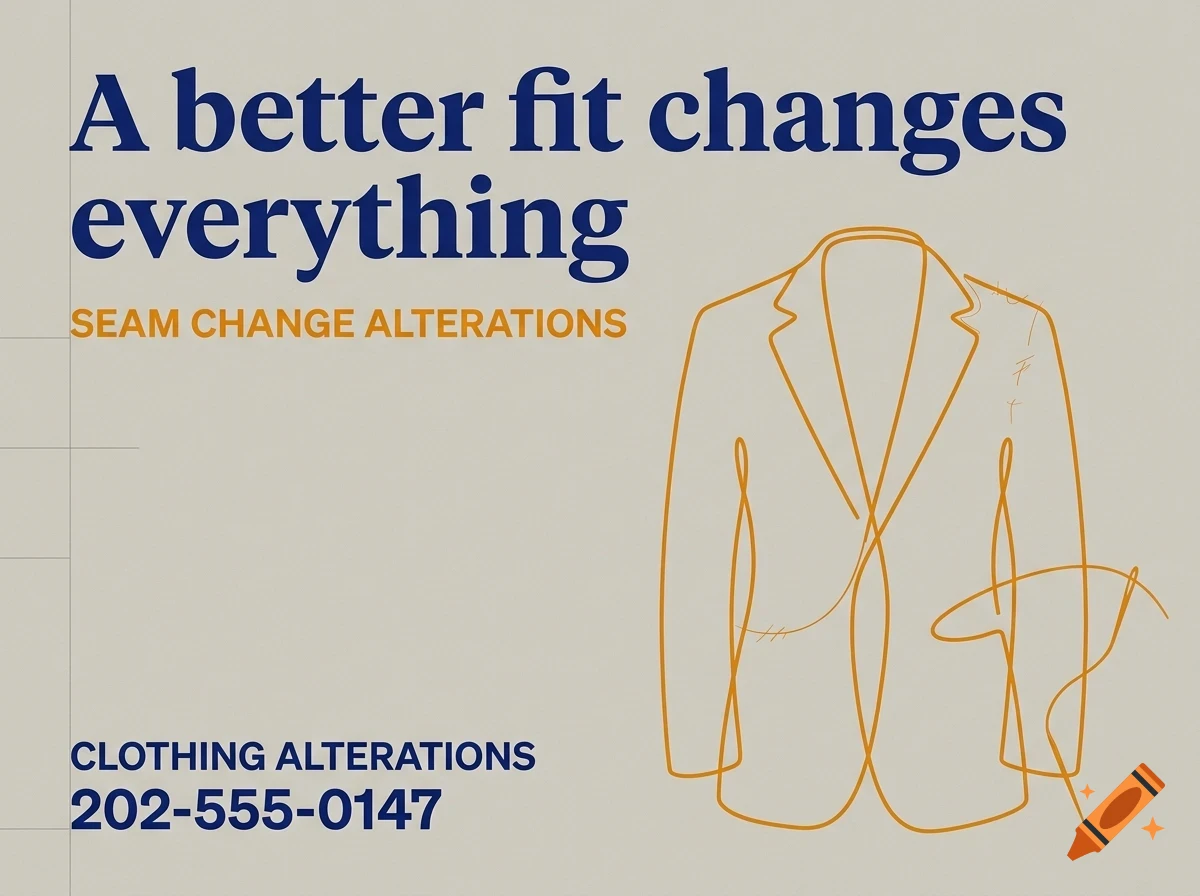 An advertisement for Seam Change Alterations with text reading A better fit changes everything and a line drawing of a blazer.