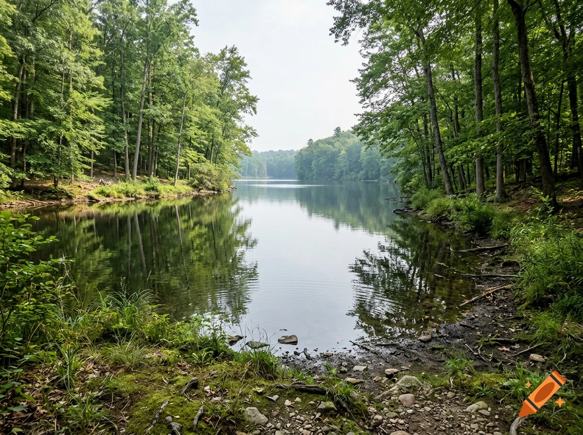 Photorealistic view of a calm lake surrounded by dense green forests under an overcast sky.