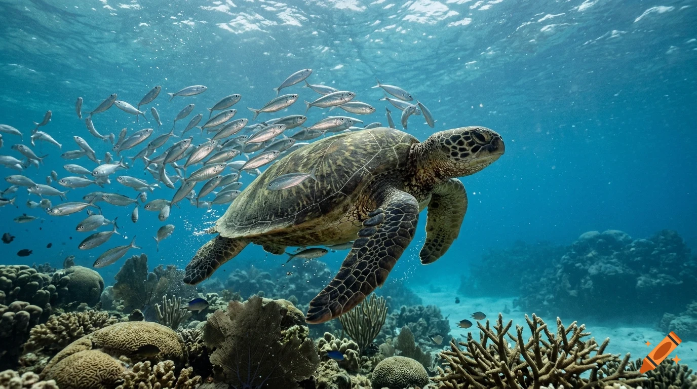 A sea turtle swimming in the ocean surrounded by a school of small fish and coral reefs below.