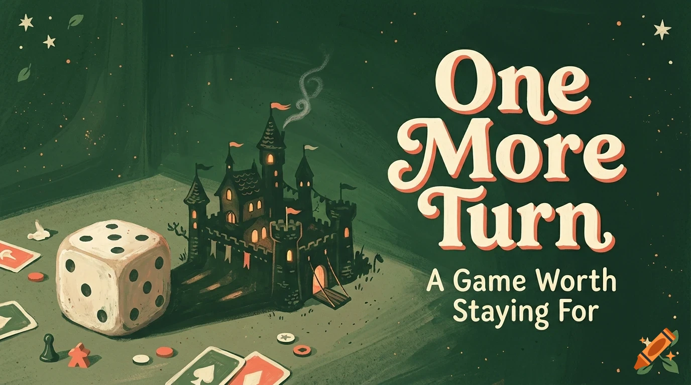 An illustration of a board game scene with a castle, die, cards, and the text One More Turn.