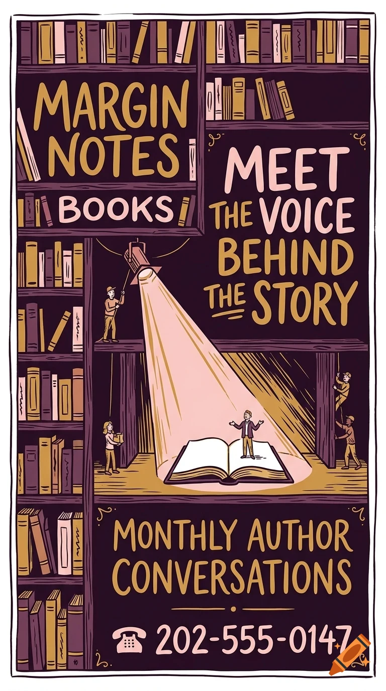 An illustrated poster for Margin Notes Books featuring bookshelves, a person standing on an open book under a spotlight, and the text Meet the voice behind the story.