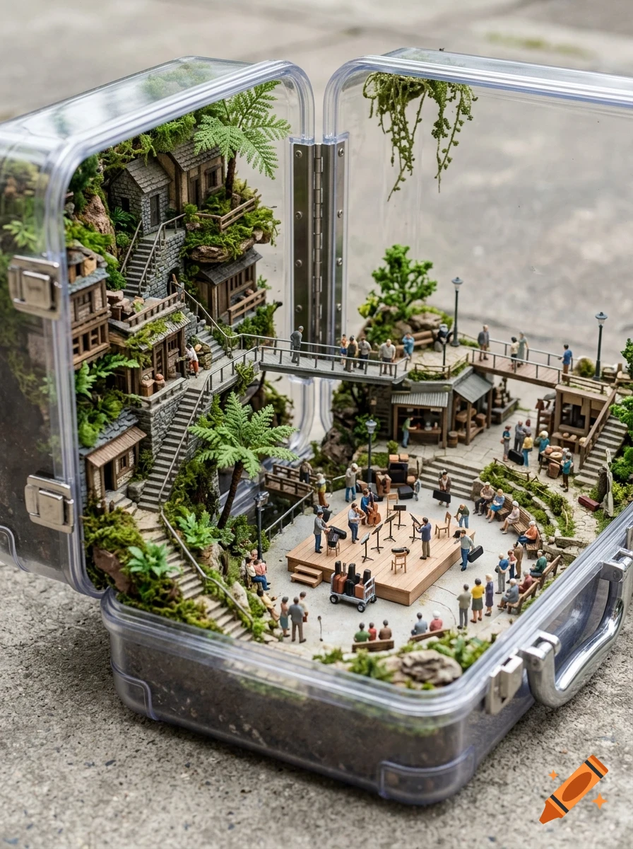 A detailed miniature diorama inside an open clear plastic case, depicting a tiny village with houses on a hillside and a musical performance in a plaza.
