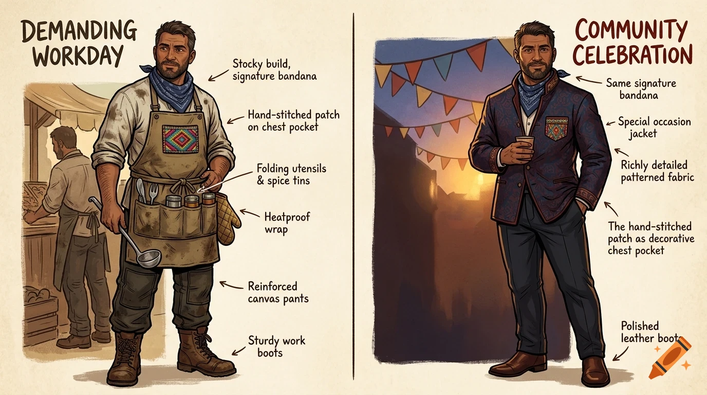An illustration comparing a character's work outfit with an apron and tools to a festive celebration outfit with a patterned jacket.