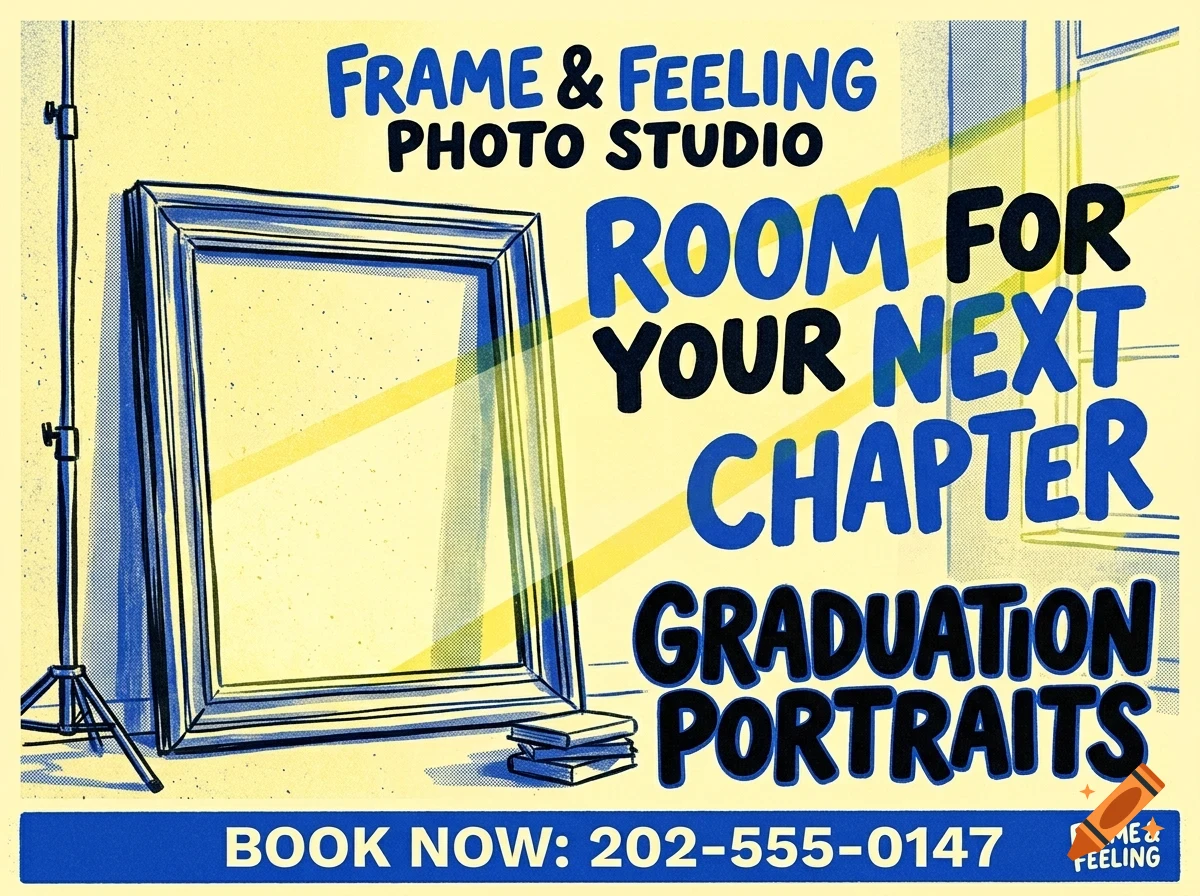 An illustrated advertisement for a photo studio featuring a large empty picture frame and text.