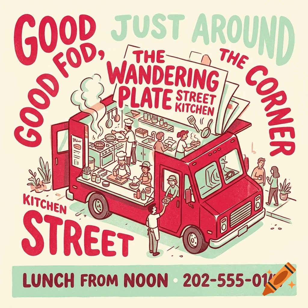 An illustration of a red food truck with open sides, showing chefs cooking inside and people ordering, surrounded by bold lettering.