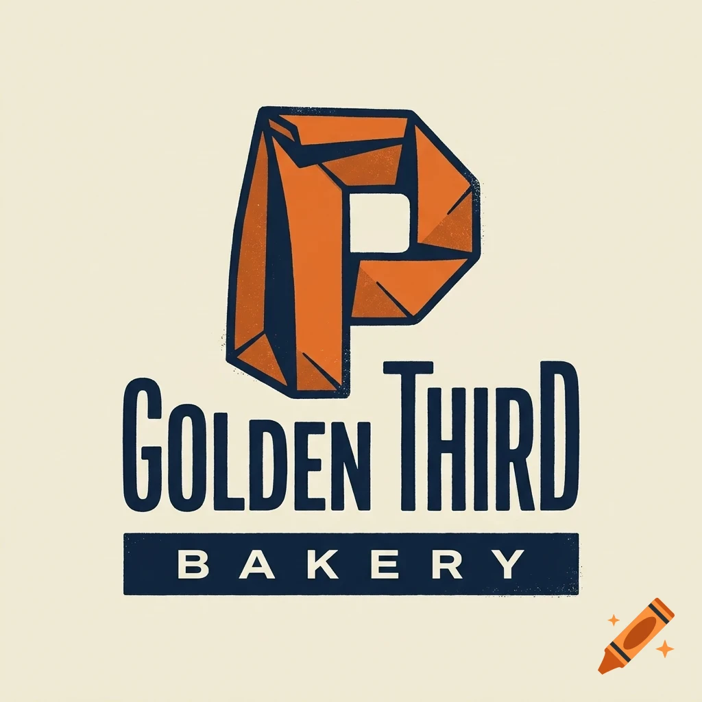 A logo design for Golden Third Bakery, featuring an origami-style letter P in orange above the text 'GOLDEN THIRD BAKERY'.