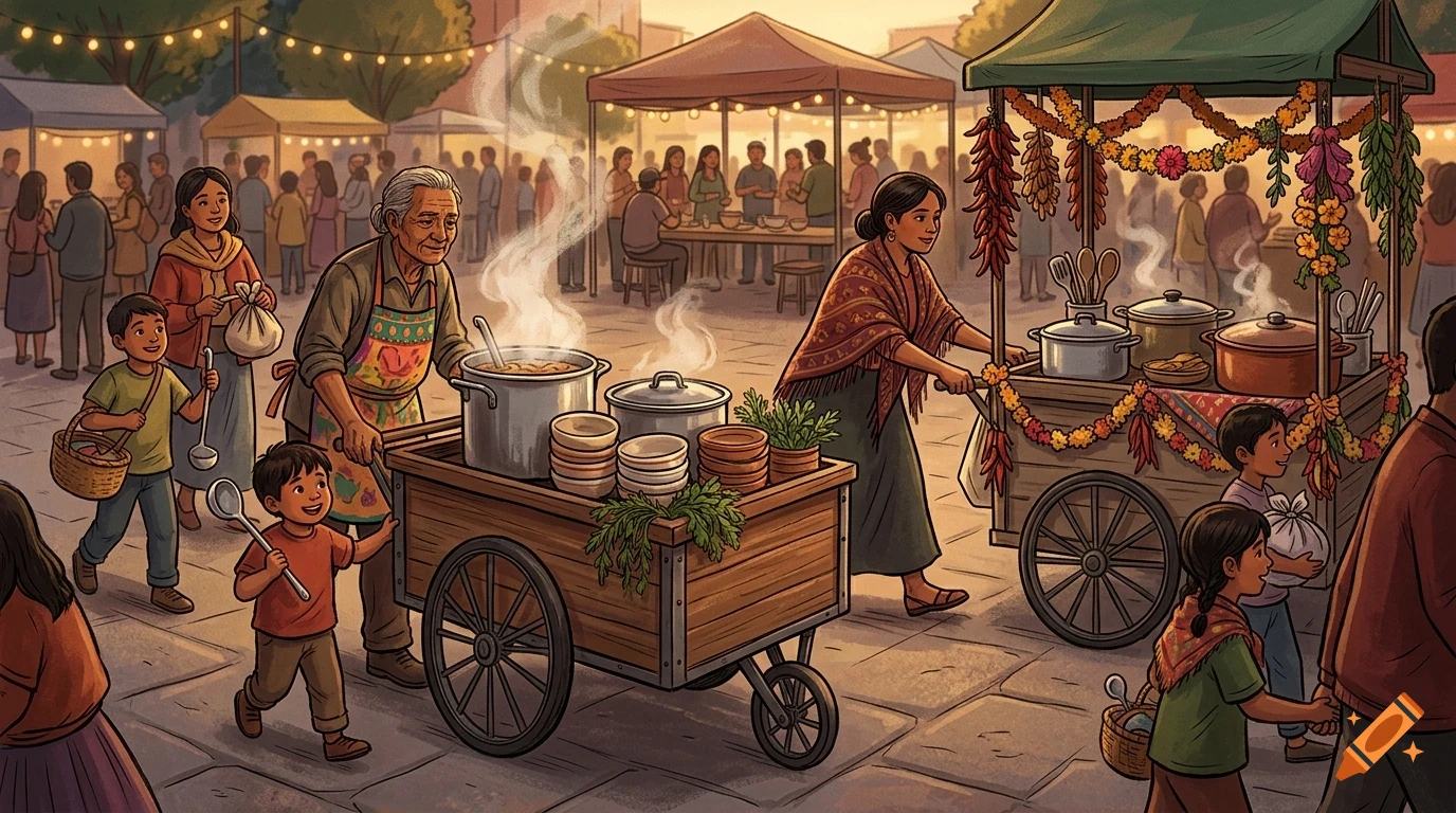 An illustrated outdoor market scene with people selling hot food from carts, tents, and steaming pots.
