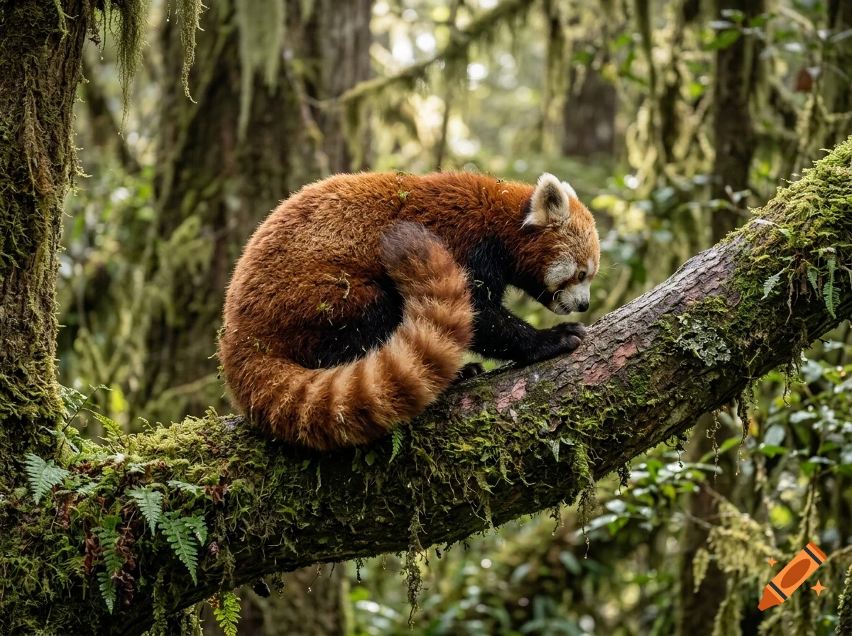 A red panda perched on a mossy tree branch in a lush forest.
