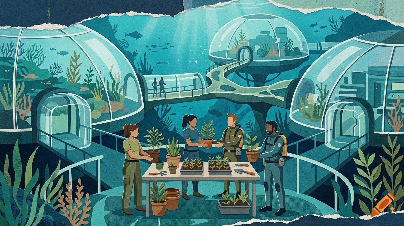 An underwater science station with glass domes and people planting flora in pots on a table.