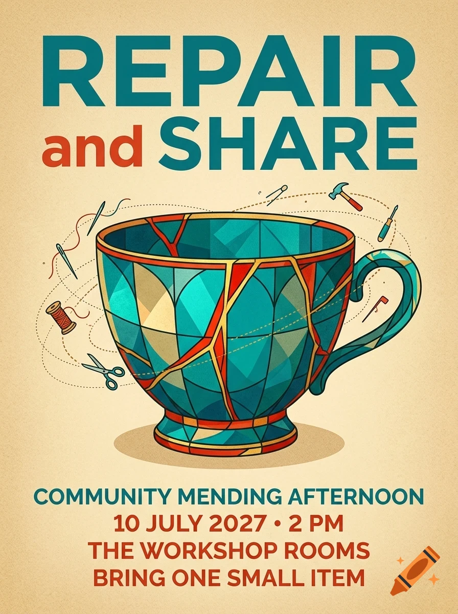 A poster featuring a kintsugi-style teacup with the text 'REPAIR and SHARE' and event details.