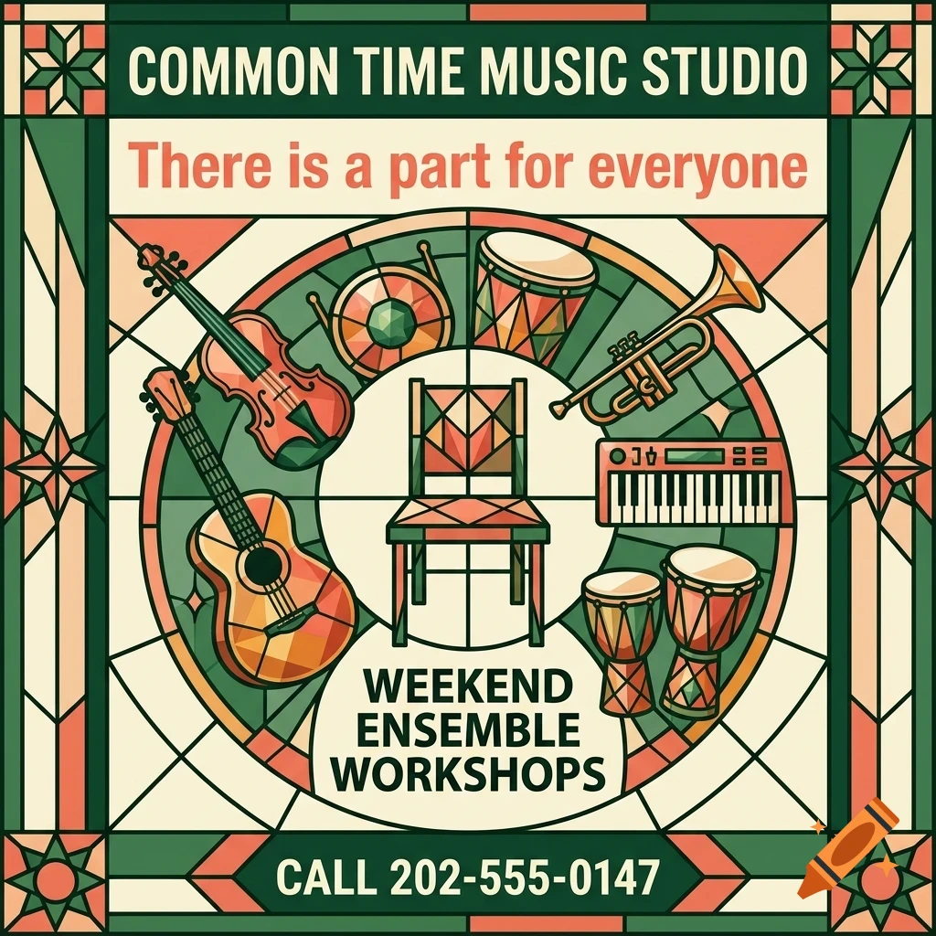 A stained glass style poster features musical instruments arranged in a circle around a chair, with text advertising Common Time Music Studio.