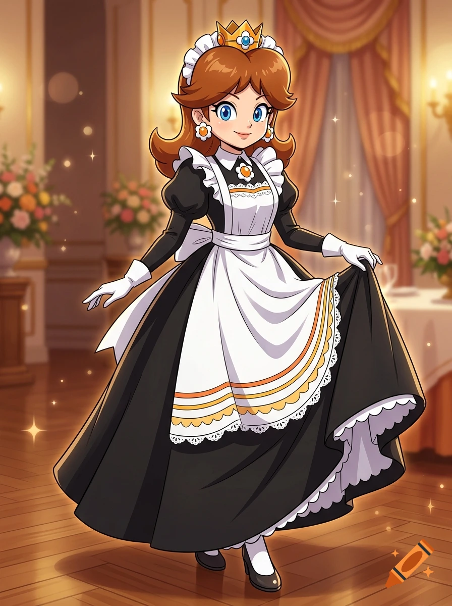 Anime-style digital illustration of Princess Daisy from Super Mario wearing a black and white maid outfit in a grand ballroom.