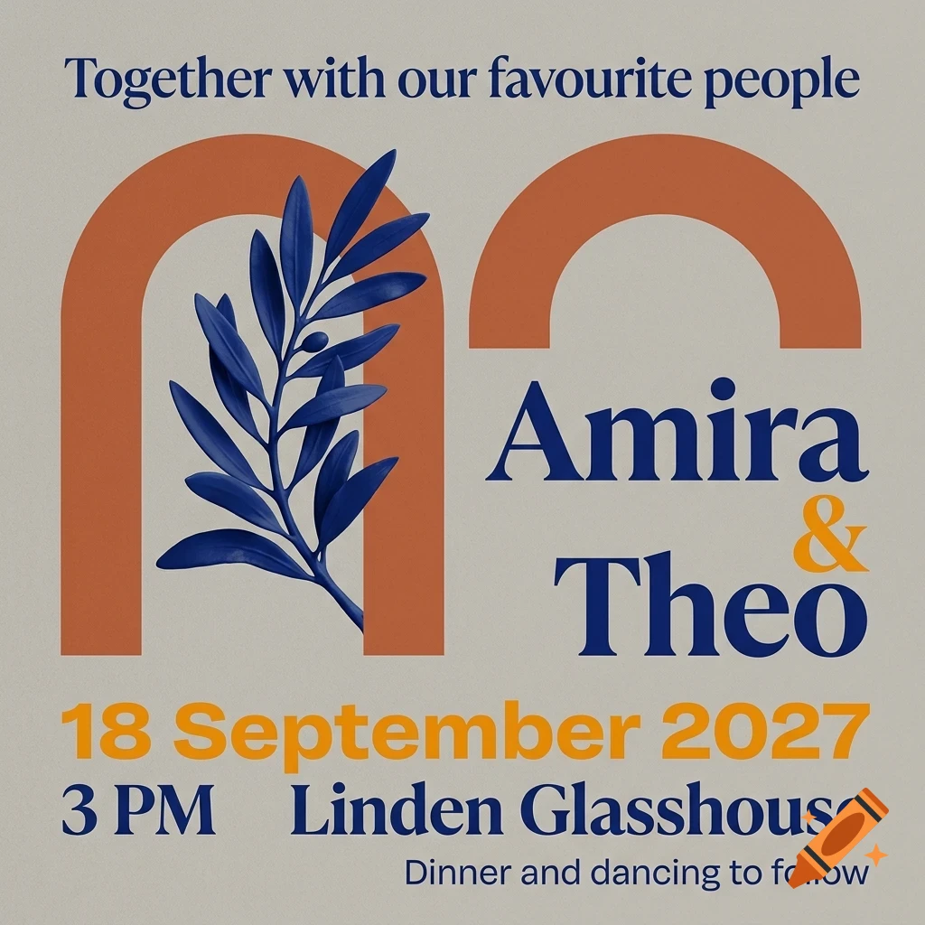 An invitation design featuring orange arches, a blue olive branch illustration, and blue and orange typography reading Amira and Theo.