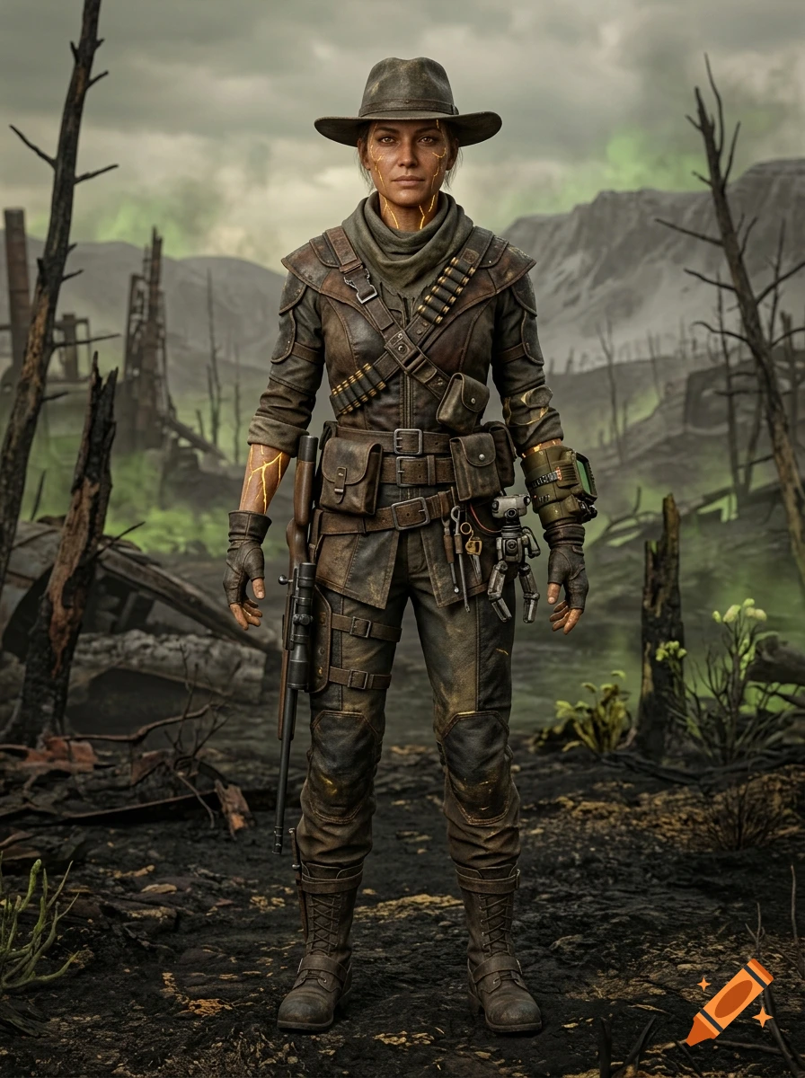 Photorealistic full-body portrait of a female wasteland ranger in a cowboy hat and tactical gear standing in an irradiated landscape.