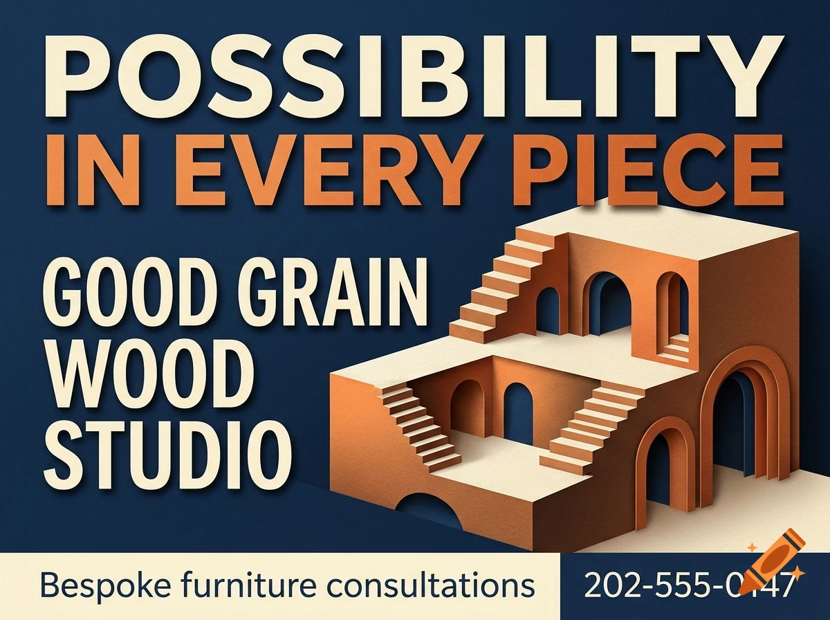 An advertisement for Good Grain Wood Studio featuring impossible stairs and the text Possibility in every piece.