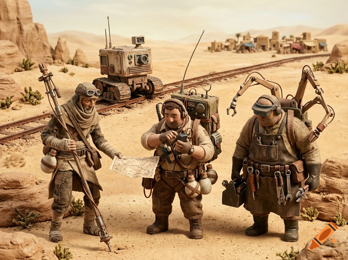 Three stylized figures and a small robot in a desert landscape looking at a map.