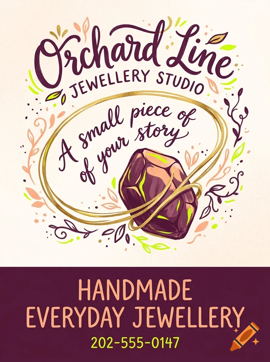 An illustration with lettering reading Orchard Line Jewellery Studio and a purple gemstone surrounded by gold rings and leaves.