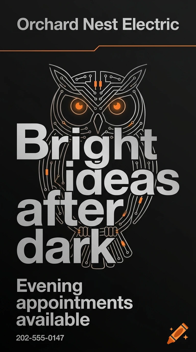 An electric circuit design in the shape of an owl with glowing orange eyes, accompanied by text against a dark background.