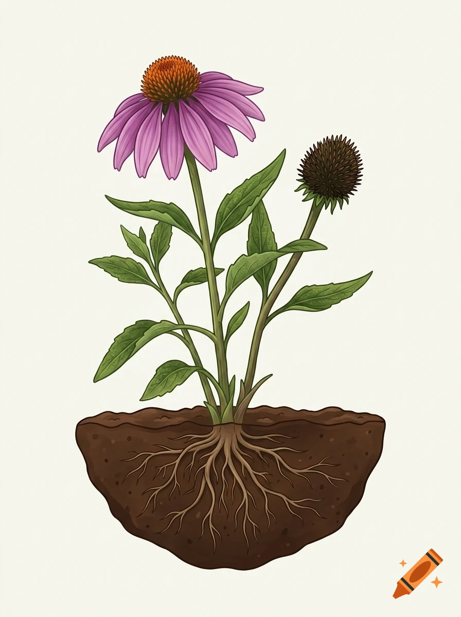 An illustrated diagram of a purple coneflower plant with roots embedded in a cross-section of soil.