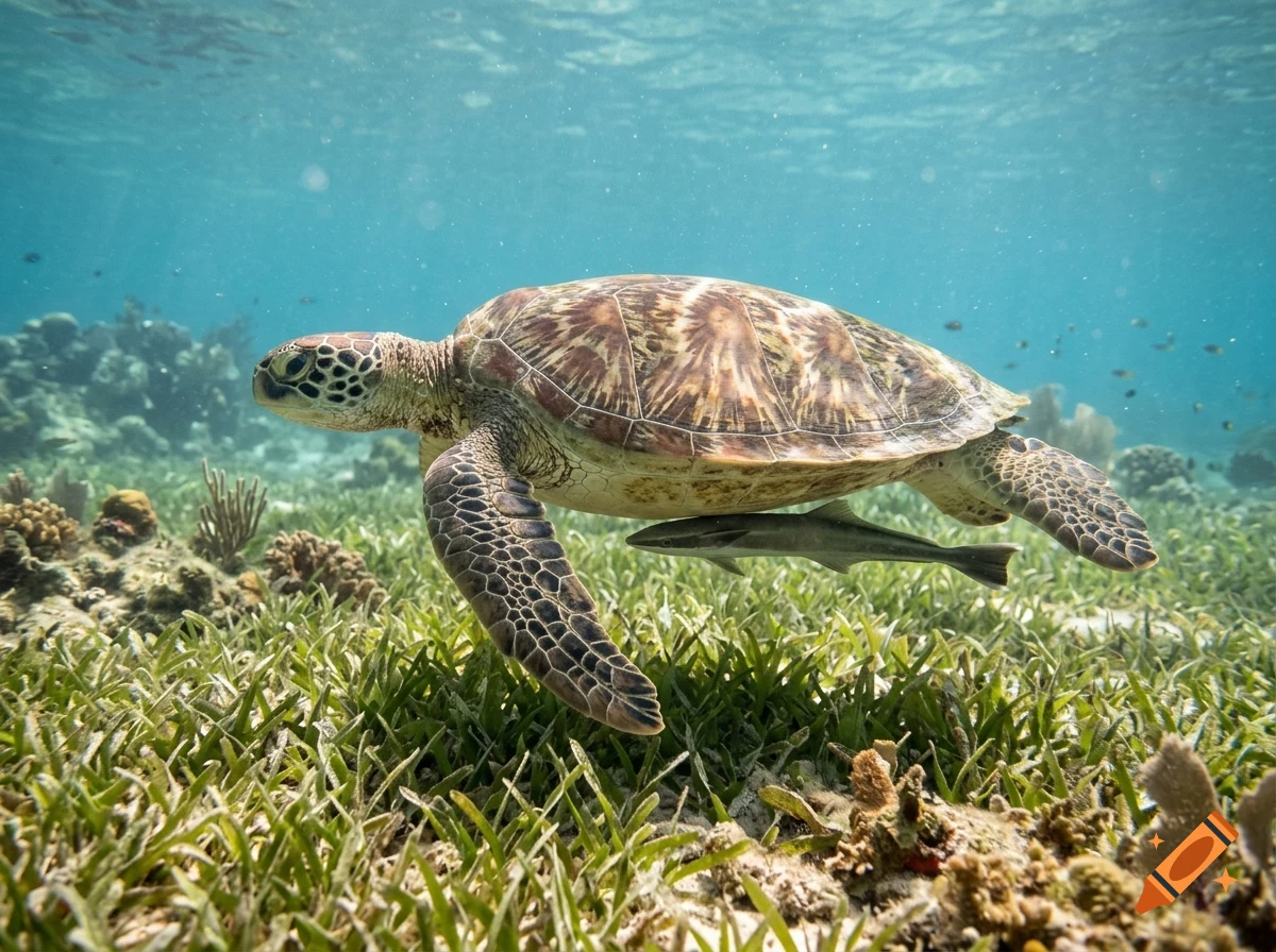 A sea turtle swimming over a grassy ocean floor with a small fish underneath it.