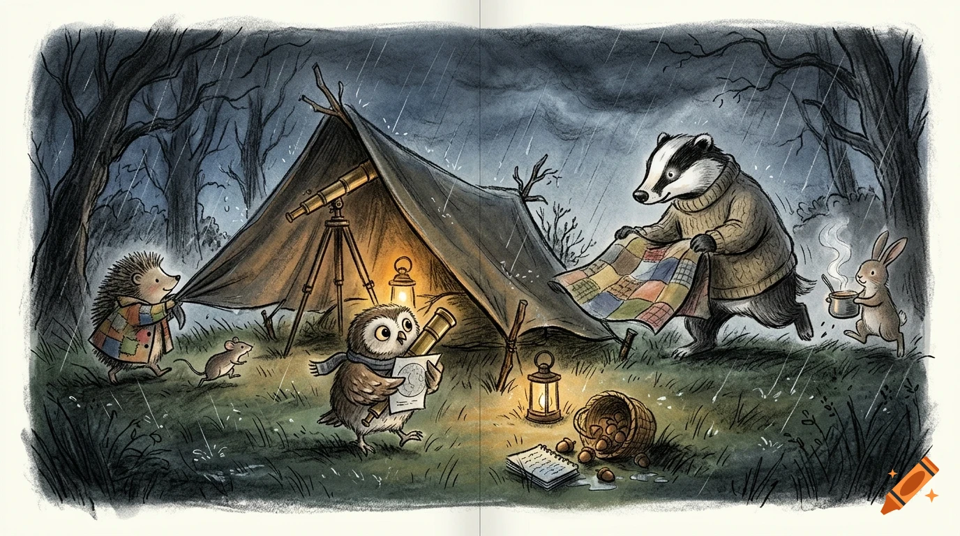 An illustrated woodland scene at night in the rain, featuring a hedgehog holding a tent flap, an owl holding a map, a badger carrying a blanket, and a rabbit holding a pot near a tent.